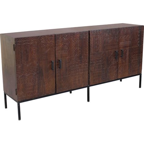 Mobile credenza coloniale da interno in legno di mango e metallo a 4 ante decorate stile wenge' intagliato a mano Linea Elegance