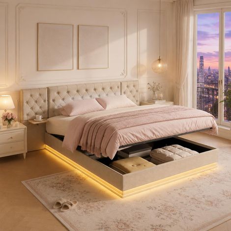 Lit coffre hydraulique 160x200 cm en lin beige, grande tête de lit (1/5)