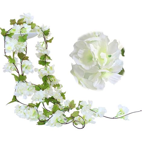 Faux Cerise Vigne Fleurs Plante Artificielles Lierre Suspendu Guirlande de Soie aux Feuilles Vertes pour Intérieur 2 pack 230cm Blanc (1/4)