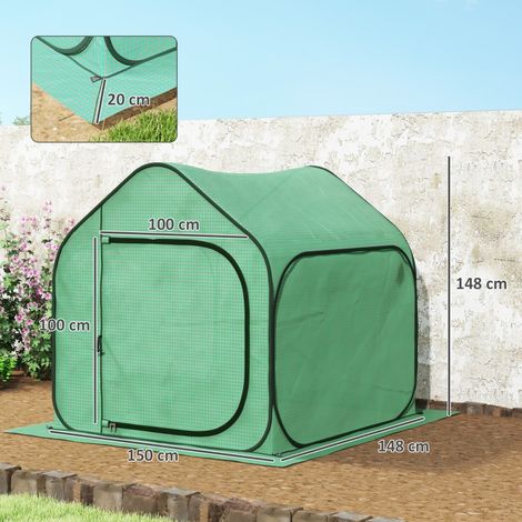 Mini serre pop-up verte 150x148x148cm PE, porte zippée pour semis et fleurs (1/5)