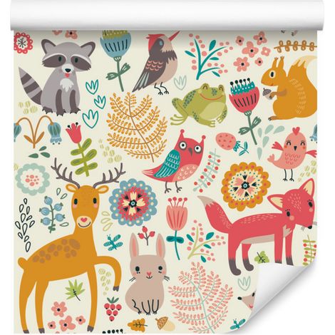 Papel pintado con alegres animales del bosque para salón y dormitorio, 50x1000 cm. (1/5)