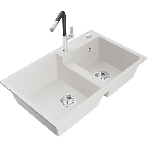 Mexen Tomas fregadero de granito de 2 senos con grifo de cocina Flora, blanco - 6516-20-670401-07 (1/5)