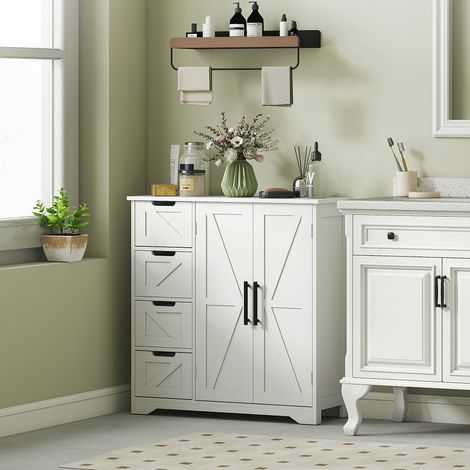 Meuble de salle de bain, meuble de rangement, avec 4 tiroirs, 1 placard, pour petits espaces, blanc, 81,2 x 30 x 83,8 centimètres