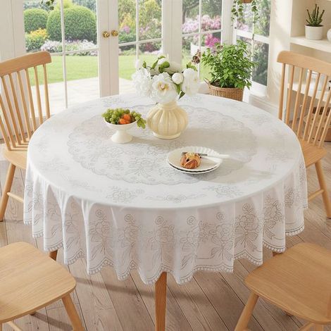 Mantel redondo de PVC con estampado floral en lámina plateada, Resistente al aceite y al calor, fácil de cuidar para mesas de cocina, Ø180 cm (1/4)