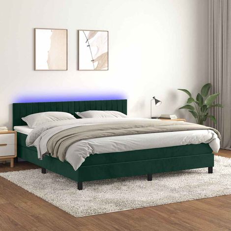 Cama box spring colchón y LED terciopelo verde oscuro 160x200cm (1/5)