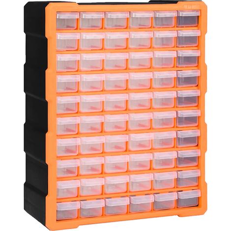 Organisateur multi-tiroirs 60 tiroirs – Boîte de rangement à outils en plastique PP transparente – Rangement mural vis, boulons, écrous – Orange et noir – 38 x 16 x 47,5 cm (1/5)