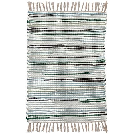 Alfombra de yute y algodón a rayas verde y gris con flecos 80 cm
