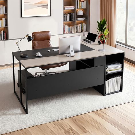 VEVOR Escritorio Ejecutivo en Forma de L, Amplio Escritorio Moderno con Cajones, Armario de Almacenamiento y Soporte para CPU, Madera, Soporta hasta 158,7 kg, para Trabajar, Estudiar y Escribir (1/5)