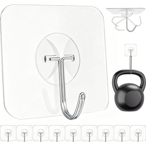Crochet Adhésif Mural Extra Résistant – 10KG Max Charge Lourde, Crochets Adhésifs Transparents Décollables Étanches Antirouille, Crochets Adhésifs Muraux Salle de Bain, Lot de 10 (1/5)