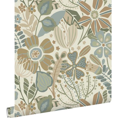 papier peint fleurs beige, bleu et vert - ESTAhome (1/5)