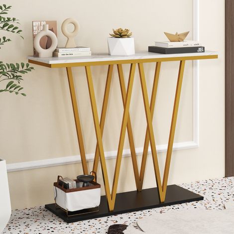Table d'Entrée Dorée Table Console de 100cm avec Plateau en Marbre Imité et Cadre en Métal Table Géométrique avec Base de Rangement Blanc (1/2)