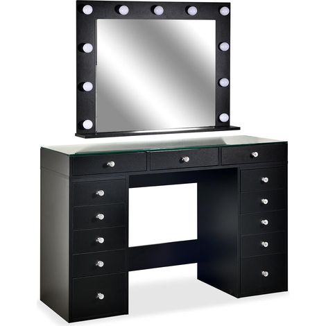 Coiffeuse moderne 13 tiroirs avec miroir lumineux et plateau en verre L120cm Probeauty Noir