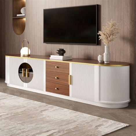 Meuble TV Design de Luxe - 180x40x46cm - Lowboard Moderne en MDF avec Verre Brun et Portes Ondulées pour Salon Chic - Blanc (1/5)