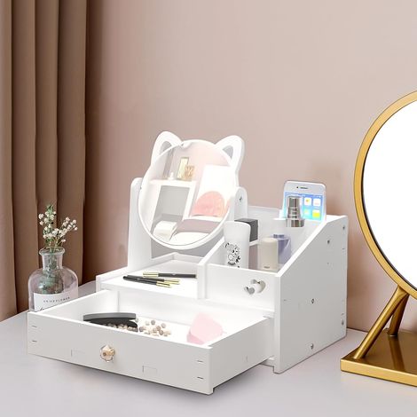 Organisateur de coiffeuse avec miroir, organisateur de maquillage et cosmétiques avec tiroir, blanc pour commode, chambre à coucher, salle de bain (miroir rond) (1/5)