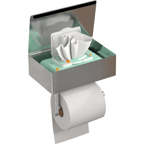 Toilettenpapierhalter Ohne Bohren, Edelstahl Silber Toilettenpapierhalter Mit Feuchttücherbox, Klopapierhalter mit Ablage, Großformat WC Papier Halterung für Küche und Badzimmer (1/5)