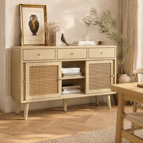 MEUBLIV Sideboard 120x40x78 cm Eiche – 3 Schubladen, 3 Schiebetüren, Fronten in Flechtoptik (1/5)