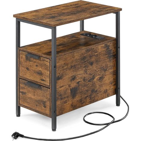 Tavolino laterale con multipresa tavolino sottile 60 x 35 x 61 cm con 2 cassetti comodino con contenitore per soggiorno/camera da letto marrone rustico e nero classico 120007550