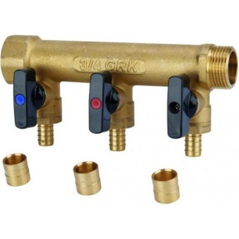 Collecteur Distributeur MF 3/4" GRK à Glissement 3 Piquages avec Mini-Vannes Ø12 Entraxe 50mm - 958G-3G12
