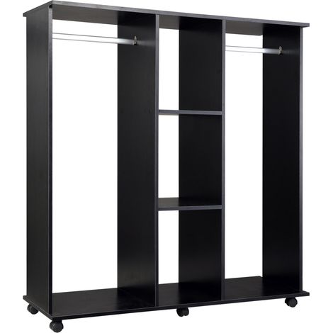 Armadio Guardaroba a 5 Ripiani con Ruote e Barre Appendiabiti in Legno e Alluminio Nero 120x40x128 cm