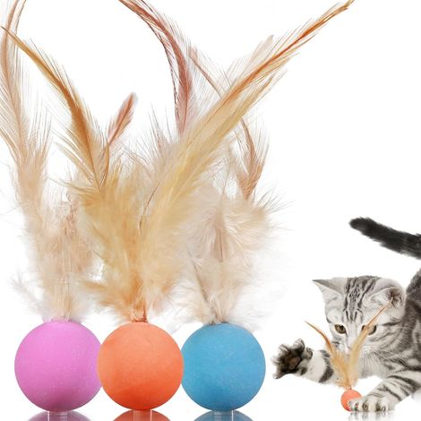 Balles jouets en plumes pour chats, 3 balles rebondissantes interactives pour chats d'intérieur et chatons joueurs, balles en caoutchouc pour chatons pour le jeu interactif, l'entraînement à la chasse (1/5)