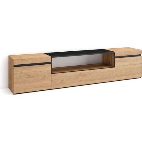 Skraut Home – Meuble TV moderne avec rangement – Dimensions 200x35x45cm – Pour TV jusqu'à 80" – Chêne et noir – Grand espace de rangement (1/5)