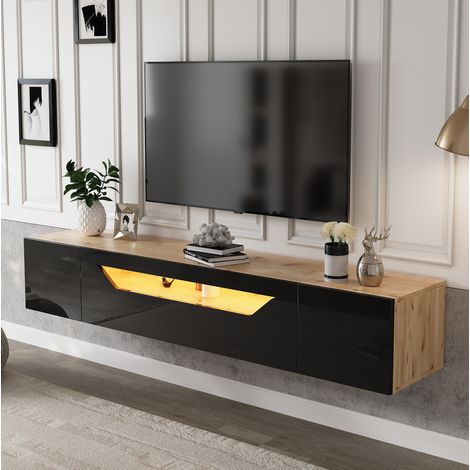 TV-Lowboard wandmontiert aus Spanplatte, Schwarz/Naturholz, 180 x 37 x 36 cm, Hochglanzfront, LED, 3 Staufächer (1/5)
