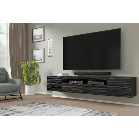 TV-Schrank Aura Schwarz Sahara 200x37x42 cm, Hängend oder Stehen,Universal Fernsehschrank, Lowboard mit Stauraum, Kabelöffnung, Wohnzimmer Schwarz Sahara