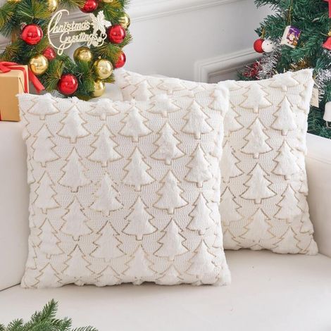 XEPHO Housse de Coussin Noël, Lot de 2 Housse Coussin de Canapé de Noël Super Doux Peluche Taie d'oreiller pour Le Canapé Chambre à Coucher Salon 3D Arbre, 45 x 45 CM