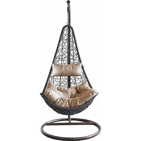 Poltrona Sospesa Da Giardino Struttura Autoportante In Metallo Seduta In Polyrattan E Cuscino Con Poggiatesta Beige Per Terrazza Balcone Veranda Arredo Outdoor 105 X 195 Cm Nero
