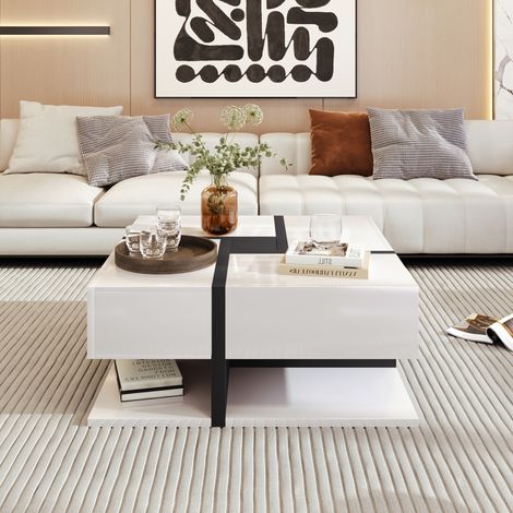 Table basse brillante 4 tiroirs, design lignes uniques et teintes distinctives, espace de rangement bas. 78x78x36 cm (1/4)
