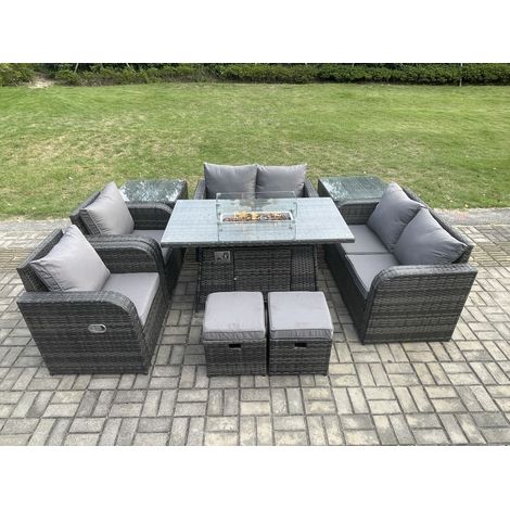 Fimous 8-Sitzer Rattan Gartenmöbel Set Outdoor Propan Gas Feuergrube Tisch und Sofa Stuhl Set mit 2 Beistelltische 2 Kleine Fußhocker (1/5)