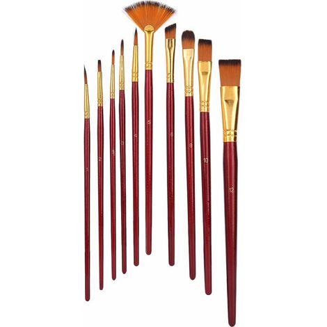 Ensemble de 10 pinceaux en nylon, styles variés, pinceaux en bois, adaptés à l'aquarelle et à la peinture à l'huile, bordeaux. (1/5)