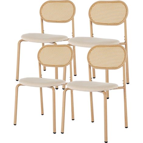 Lot de 4 chaises de salle à manger, avec dossier en rotin tressé, design ergonomique, siège rembourré, pieds réglables, convient pour la salle à manger et le salon - Bois naturel
