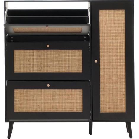 [NEUWERTIG] Rattan-Schuhkipper HHG-214, Schuhregal Schuhschrank, 3 Kippfächer 2 Regalböden 127x120x24cm Holz Melamin schwarz