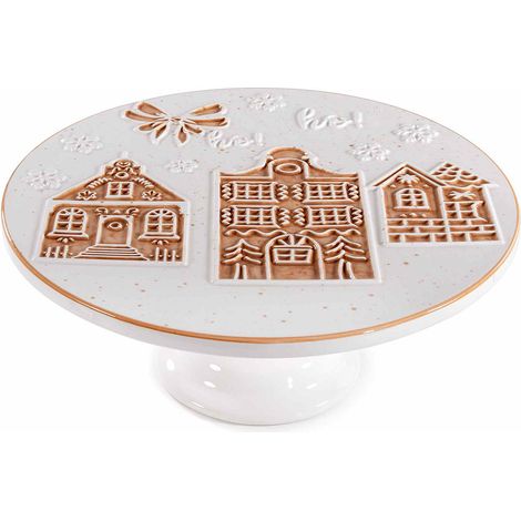 Alzatina di Natale adatta al contatto alimentare in ceramica lucida con decori in rilievo fiocchi di neve e casette, set da 2 pezzi, Ø 25 cm x 10,5 H