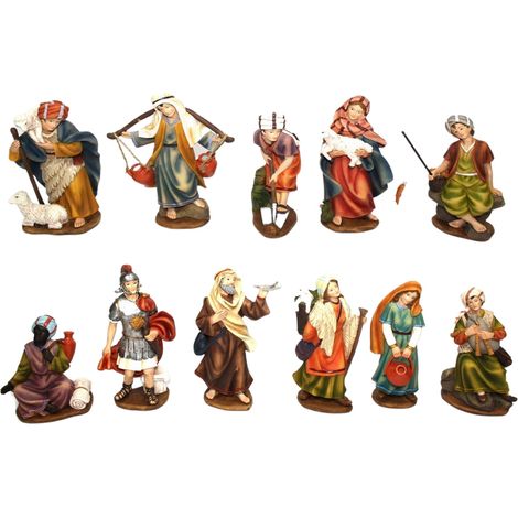 Pastorelli per presepe in poliresina con animali, doni e mestieri 11 soggetti -20 cm