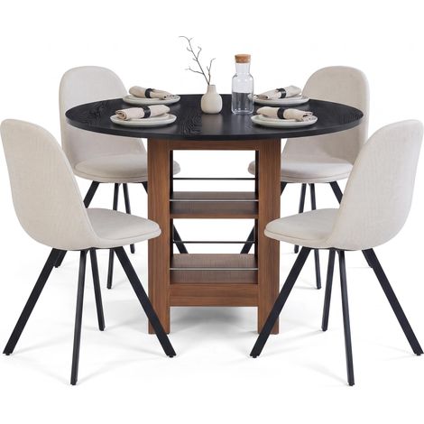 FurnitureR Runde Essgruppe mit Stauraum und 4 Drehstühlen Beige 100 cm Rundtisch mit Stauraum und 4 drehbaren Stoffstühlen für komfortables Wohnen und Essen (1/5)