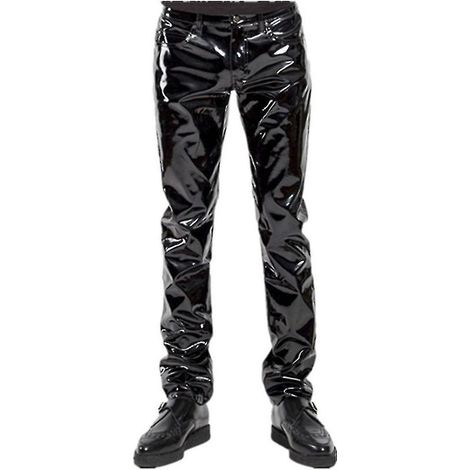 Pantalon de moto noir en latex PVC brillant pour homme, style motard, imperméable et tendance - taille M