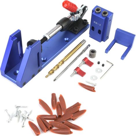 Kit di posizionamento per fori tascabili, punzone per lavorazione del legno da 9,5 mm, guida per perni, punzone per creare giunzioni per fori tascabili a filo, ad angolo e angolari. (1/5)