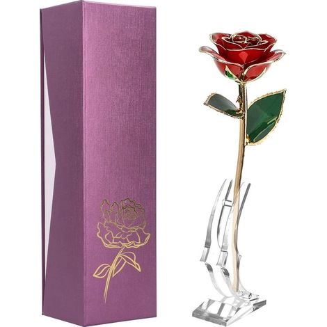 Rose dorée 24K avec base rouge, décoration mariage, cadeau créatif pour petite amie, épouse, Saint-Valentin. (1/5)