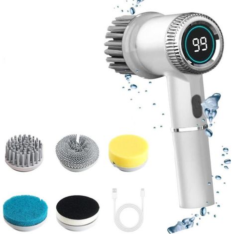 Brosse de nettoyage électrique pour carrelage de cuisine, salle de bain, voiture avec 5 têtes de brosse remplaçables et affichage LED, blanc. (1/5)
