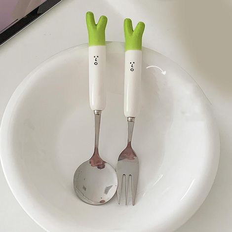 Ensemble de couverts en acier inoxydable et céramique léger, avec fourchette et cuillère à motif d'oignon vert mignon, pour le salon (1/5)
