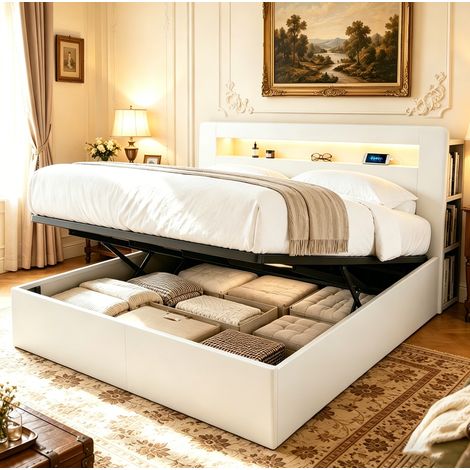 Cama moderna de madera blanca 180x200 cm con cabecero con estantes, LED, enchufes integrados y arcón hidráulico (1/5)