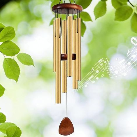 Carillon Vent 68x8.5cm Métal Or, Décoration Jardin Suspension, Éolien Musical (1/5)