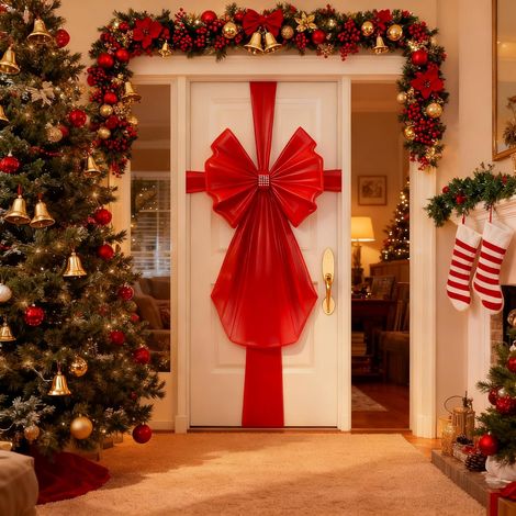 60cm X 80cm Noeud Porte Noel, Noeud Rouge Noel Porte Gros Noeud Rouge Noel Decoration Porte Noel pour les Fêtes de Mariage Noël, Sapin Noël (1/4)