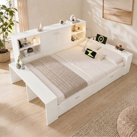 Lit banquette 140 x 200 cm, lit coffre avec 2 tiroirs, tête de lit rangement, portes doubles, USB Type-C, liseuse, bois blanc, sans matelas (1/5)
