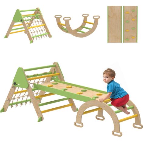 Triangle d'escalade en bois 8 en 1 pour enfant avec rampe double face toboggan jeu de motricité pliable vert (1/5)