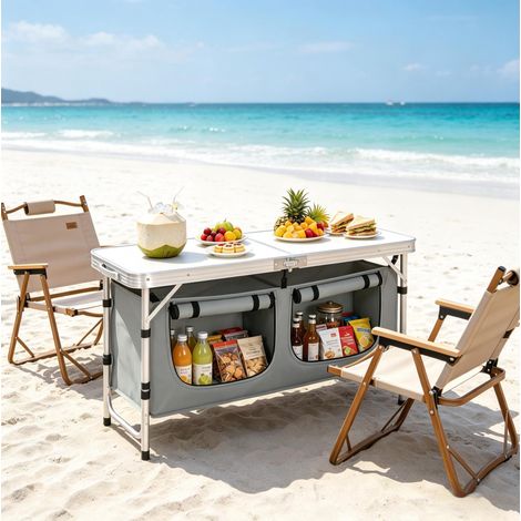Table pliante de camping 120x47x62/69,5 cm gris et blanc en aluminium, MDF et tissu Oxford avec sac de rangement (1/4)