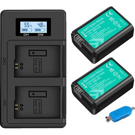Batteria esterna da 2250 mAh, compatibile con fotocamere digitali, include 2 batterie e un caricabatterie. (1/2)