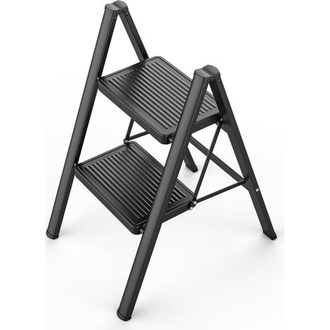 Escabeau pliable à 2 marches pour cuisine, bricolage et jardinage, échelle en acier robuste, capacité de 150 kg avec grande plate-forme antidérapante, escabeau portable et fin, noir (1/5)